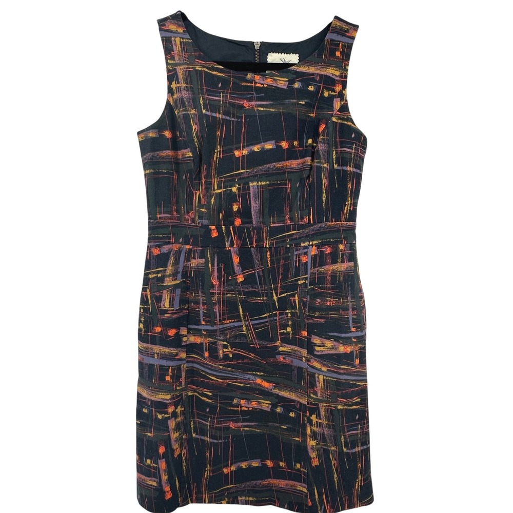 Anthropologie Tabitha Expressionist Sheath Dress 2 Black Colorful Zip Back Lined